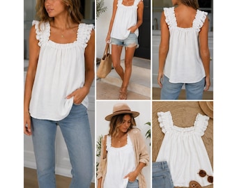 Ruffle Strap Tank Top Womens Large White Sleeveless Square Neck Flowy Blouse