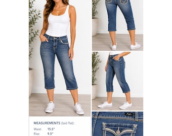 Earl Jeans Womens 10 Blue Capri Cropped Denim Embroidered Flap Pocket Stretch