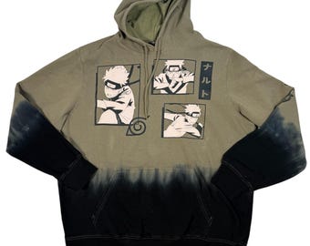 Japanischer Druck Original Shipuden Hoodie Herren XL Grün Schwarz Baumwollmischung Dip Dye Graphisch Vintage ♥