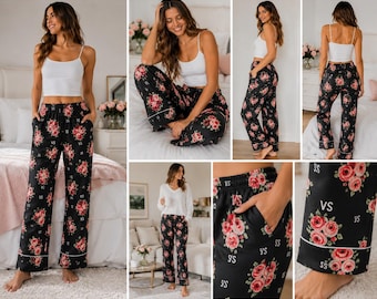 Victoria's Secret Pajama Pants Womens Medium Black Floral Rose VS Lounge Cotton