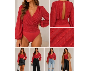 Body Skylar Rose talla XS, rojo con lunares, manga larga, cintura fruncida, espalda descubierta, nuevo con etiquetas.