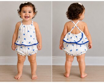 Cat & Jack 2pc Set Toddler Girls 18M White Blue Dot Gauze Ruffle Pom Pom Outfit