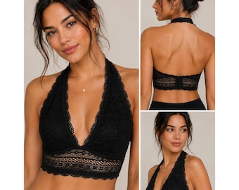 Victoria's Secret Bralette Womens M Black Lace Halter Wireless Lined Crochet Bra
