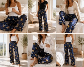 Leopard Pajama Pants Womens Medium Navy Blue Satin Sleepwear Loungewear