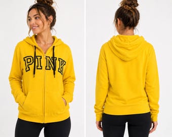 ROZE Victoria's Secret-sweater met capuchon dames, groot geel sweatshirt met volledige ritssluiting en logo