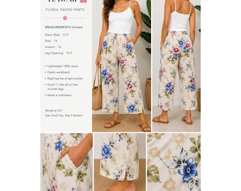 Aloha Hut Hawaii-broek dames grote bloemen rayon cropped wijde pijpen elastische tailleband