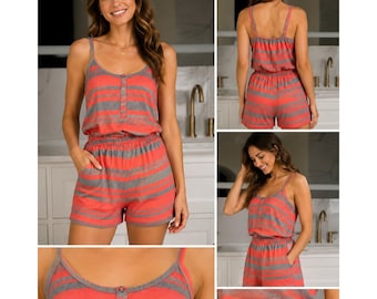 Concepts Romper Womens M Coral Gray Striped Henley Sleeveless Adjustable Strap