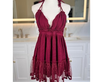 R.Vivimos Halter Mini Dress Womens L Burgundy Deep V Open Back Swiss Dot Boho
