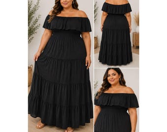 Pure Energy Maxi Dress Womens 1X Black Off Shoulder Tiered Smocked Boho
