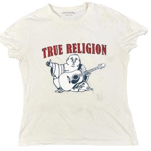 Maglietta True Religion Buddha Guitar da donna, taglia M, bianca, con logo e grafica in cristallo. immagine 12