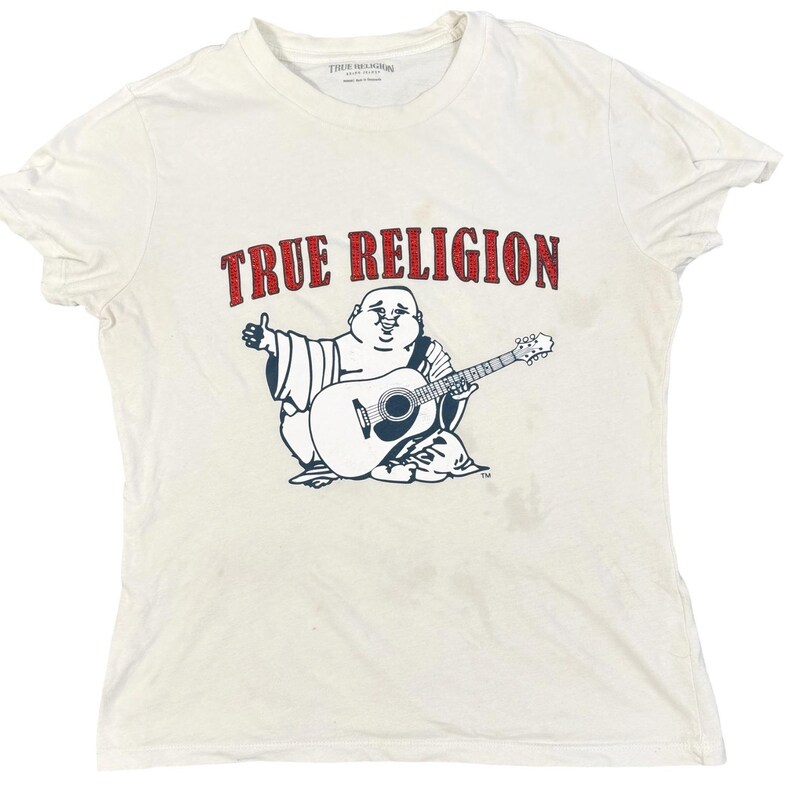 Maglietta True Religion Buddha Guitar da donna, taglia M, bianca, con logo e grafica in cristallo. immagine 12
