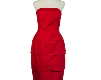 A.J. uit de jaren 80 Bari-cocktailjurk 8 rode zijde gelaagde geschulpte strapless vintage