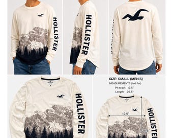 Hollister Long Sleeve Shirt Mens Small White Mountain Forest Graphic Logo Tee