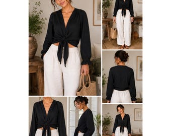 Serengeti top met gestrikte voorkant dames medium zwarte katoenen omslagdoek boho lange mouw