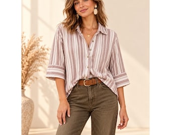 Vintage Columbia Damenhemd, Größe M, mauve-elfenbeinfarben gestreift, Baumwolle, Crinkle-Knopfleiste, 3/4-Länge