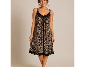 Leopard Print Sleep Dress Womens Large Tan Black Lace Trim Chemise Nightgown
