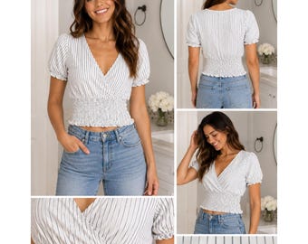 Abercrombie & Fitch Top Womens Medium White Blue Stripe Smocked Wrap Crop