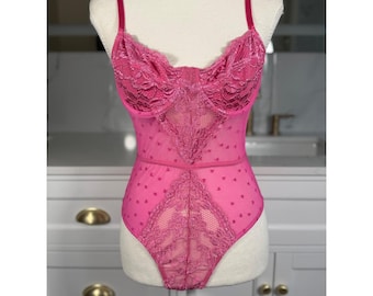 Pink Lace Teddy Bodysuit Womens Large Heart Print Sheer Mesh Underwire Lingerie