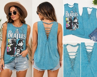 The Beatles Let It Be Tank Top Womens XL Graphic Band Tee Lace Up Caged Back