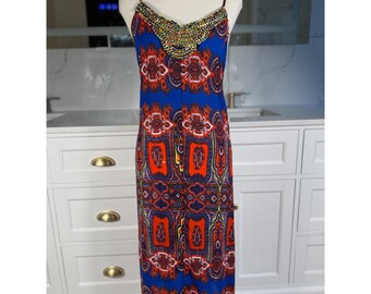 Eight Sixty Dress Womens Small Blue Orange Paisley Beaded Neck Handkerchief Hem