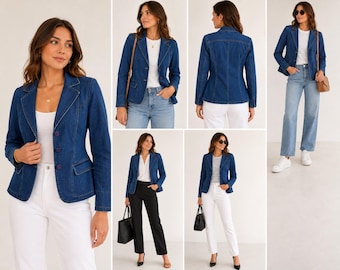 Halogen Denim Blazer Womens Size M Blue Tailored Cotton Blend Two Button Jacket