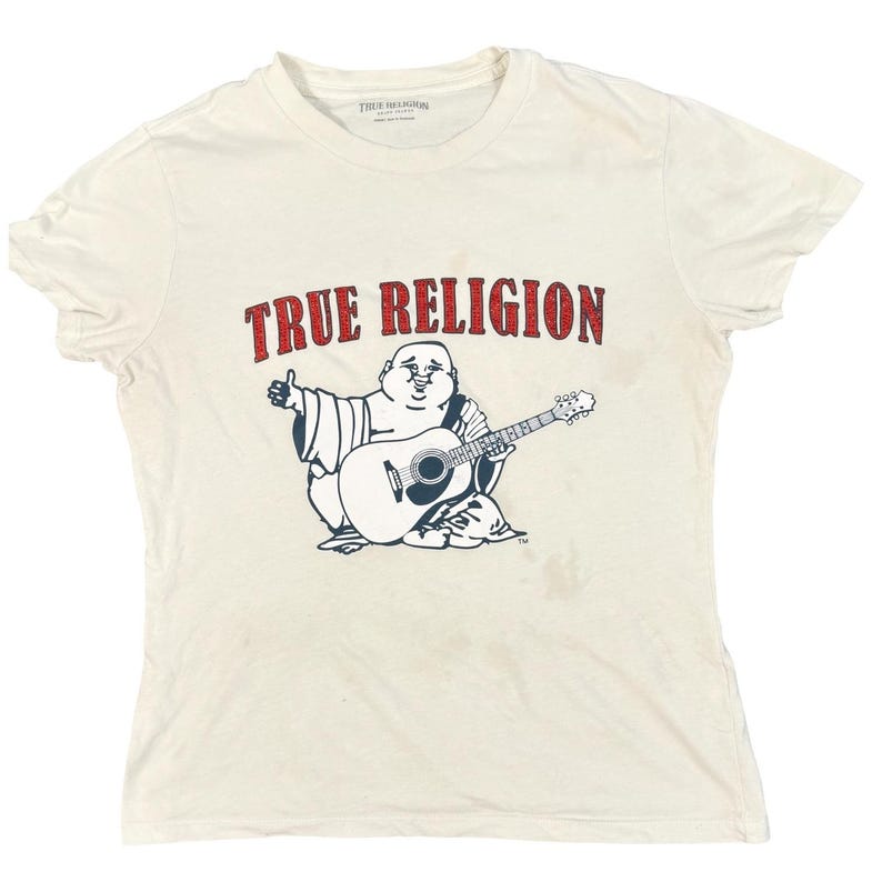 Maglietta True Religion Buddha Guitar da donna, taglia M, bianca, con logo e grafica in cristallo. immagine 14