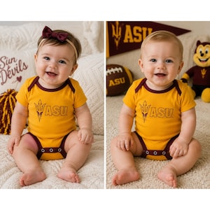 May include: A gold short-sleeved baby bodysuit with maroon trim, featuring the ASU logo and trident symbol printed in maroon on the chest. The garment has a snap-button closure at the bottom and is designed for infants.