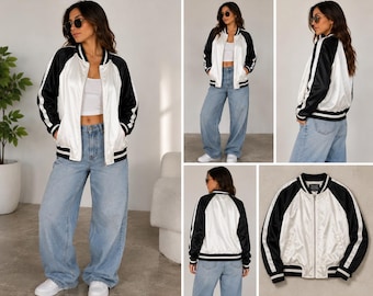 Ashley Satin Bomber Jacket XL White Black Varsity Stripe Full Zip Lightweight