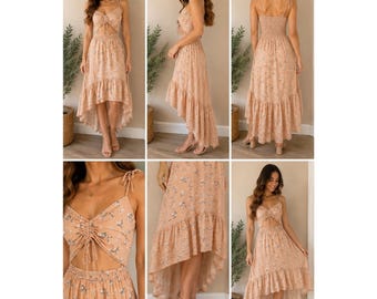 Birch and Stone Floral High-Low Dress Womens Large Peach Cutout Boho Sundress