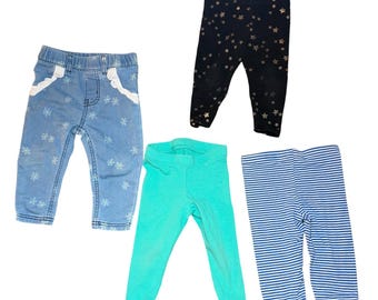 Baby Leggings Set Girls 12 Months Blue Black Teal Floral Stars Stripes