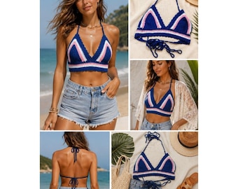 Crochet Halter Bikini Top Womens M Blue Pink White Striped Boho Beach