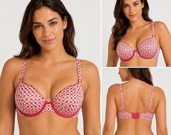 Maidenform Underwire Bra Womens 34DD Pink Red Geometric Print Full Coverage