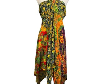 Vintage India Rayon Dress Womens M Multicolor Floral Patchwork Handkerchief Hem