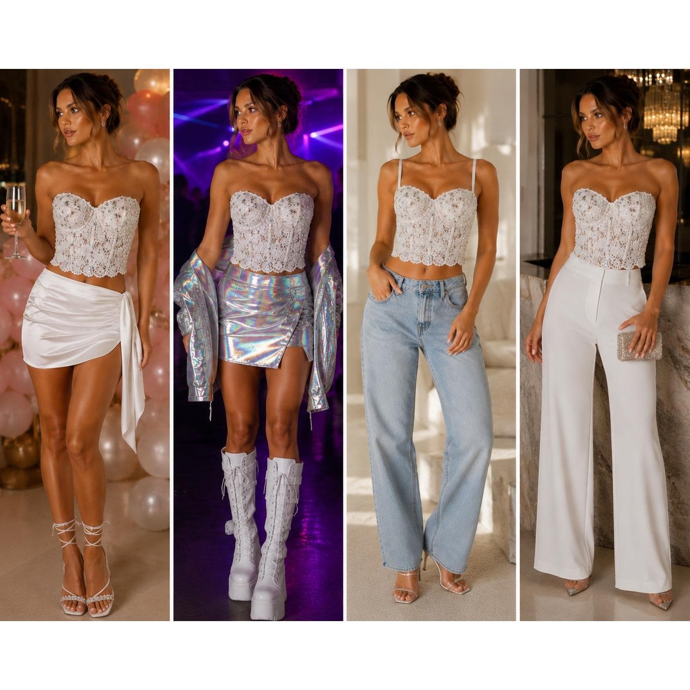 White Lace Bustier Crop Top Womens M Beaded Rhinestone Corset Cami Y2K Bridal