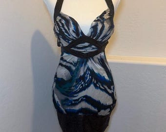 Bebe XS Halter Mini Dress Blue Black Abstract Print Sequin Trim Cutout Party