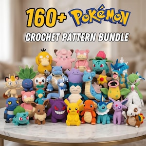 May include: A collection of various colourful crocheted figures representing different creatures, arranged together. The text at the top reads 160+ POKÉMON CROCHET PATTERN BUNDLE. The figures include yellow, pink, blue, green, and brown yarn characters.