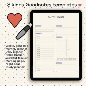 May include: A digital tablet displaying a daily planner template with a schedule, meal tracker, and notes section. The text 8 kinds Goodnotes templates appears at the top, with a list of eight planner types and a red heart icon on a dotted background.