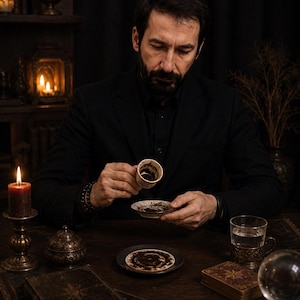 Puede incluir: Una pequeña taza de café de cerámica con su plato a juego que presenta residuos de posos de café, sostenida por una persona con blazer negro. La taza y el plato están decorados con patrones intrincados sobre una mesa de madera oscura.