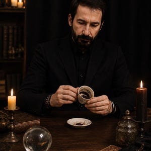 Puede incluir: Una pequeña taza de café de cerámica blanca con residuos de café molido de color marrón oscuro en su interior, sostenida por una persona con blazer y camisa negra. La taza presenta un patrón delicado y viene con un platillo blanco a juego.