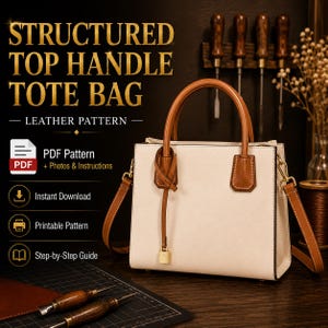 May include: A structured top handle tote bag with a cream-colored body and brown leather handles, trim, and a detachable shoulder strap. A small gold-colored padlock hangs from a leather cord. Text reads: STRUCTURED TOP HANDLE TOTE BAG LEATHER PATTERN.