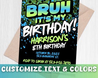 Verjaardagsuitnodiging tiener jongen | Blauw en groen graffitiontwerp (digitale download, 5 x 7)