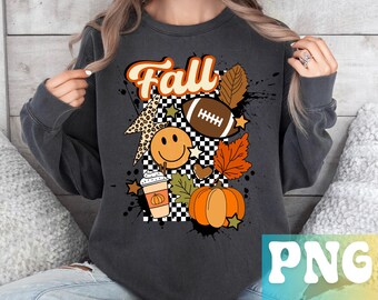 Retro herfst png-shirtontwerp, geruite herfstvibes png, Groovy Fall png, Thanksgiving png, herfst png, glimlach herfst png