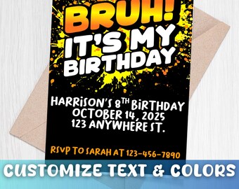 Verjaardagsuitnodiging tiener jongen | Oranje en geel graffiti-ontwerp (digitale download, 5 x 7), verjaardag