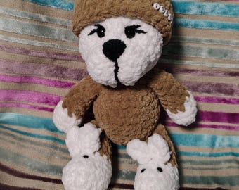 Custom Crochet Teddy Bear, Personalized Name Hat, Newborn Baby Gift, Brown White Plush Toy