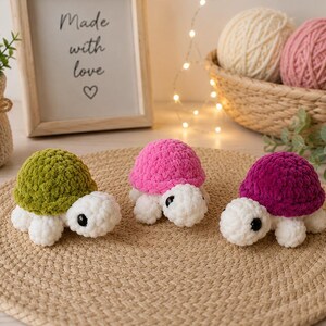 Set di 3 tartarughe all'uncinetto / Peluche amigurumi fatti a mano, filato di ciniglia, decorazione per la cameretta