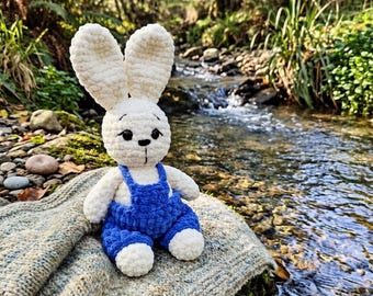 Crocheted Bunny Plush with Removable Overalls, Amigurumi Rabbit Sensory Toy