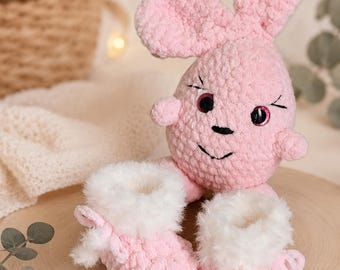 Crochet Bunny Plush and Faux Fur Booties Set, Pink Baby Shower Gift