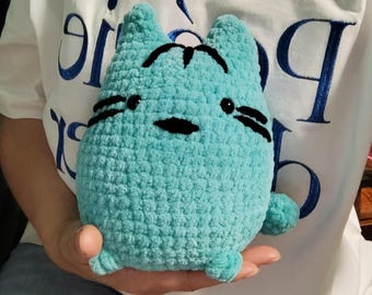 Turquoise Crochet Cat Plush, Chubby Amigurumi Toy, Soft Velvet Kitten, Kawaii Cat Lover Gift
