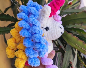 Velvet Crochet Unicorn Toy – Plush Amigurumi Stuffed Animal, Rainbow Mane Nursery Decor