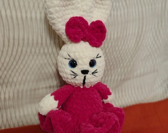Crochet Bunny Plushie, Velvet Amigurumi Doll with Magenta Dress, Baby Girl Toy